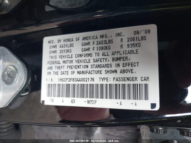 2010 HONDA ACCORD 2.4 EX-L VIN: 1HGCP2F83AA002176