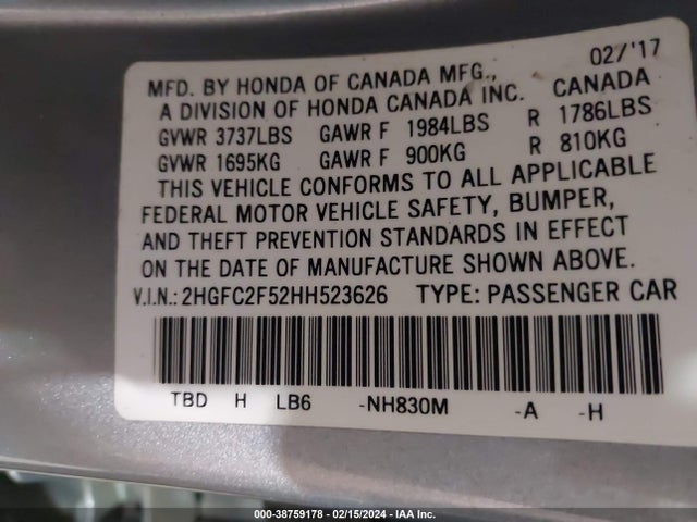 Honda Civic Lx 2017 2HGFC2F52HH523626 Image 9