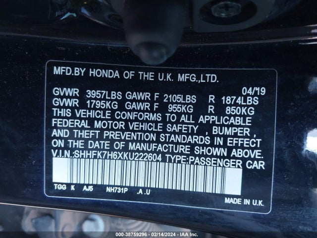 Honda CIVIC EX 2019 SHHFK7H6XKU222604 Image 9