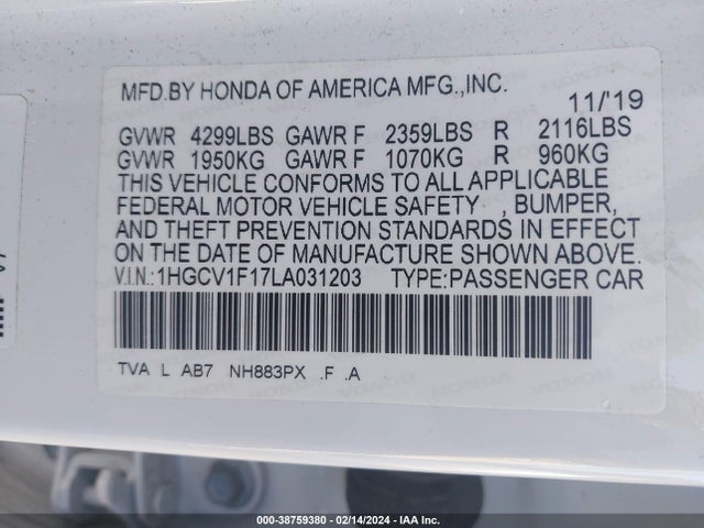 Honda ACCORD LX 2020 1HGCV1F17LA031203 Image 9