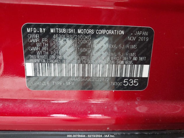JA4AS3AA9LZ022872 Mitsubishi Eclipse Cross Es 1.5t