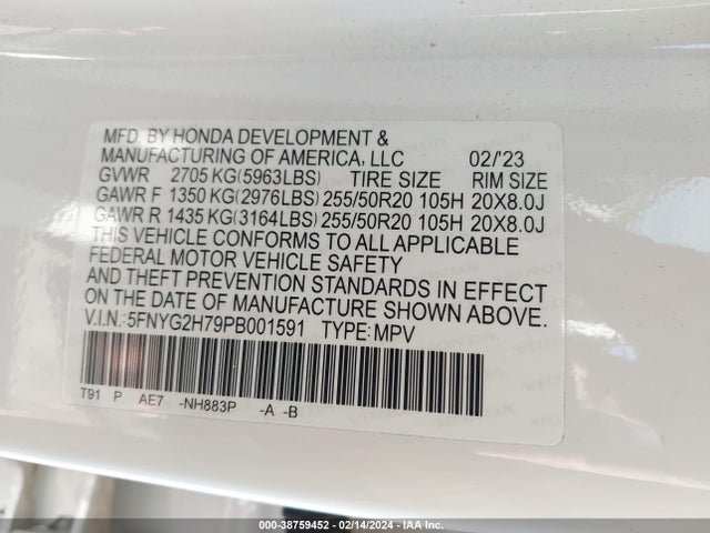 Honda Pilot 2wd Touring 2023 5FNYG2H79PB001591 Image 9