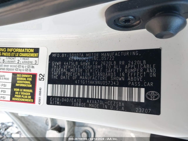 Toyota CAMRY SE 2022 4T1G11AK9NU057343 Image 9