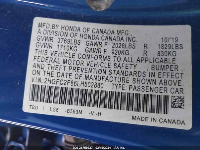 2HGFC2F86LH502880 Honda Civic Sport