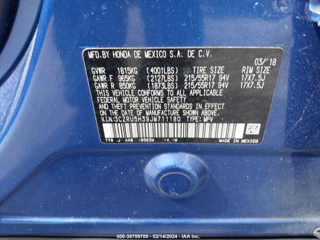 Honda HR-V LX 2018 3CZRU5H39JM711180 Image 9