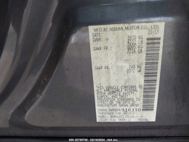 2015 NISSAN ALTIMA 2.5 S VIN: 1N4AL3AP0FN916350
