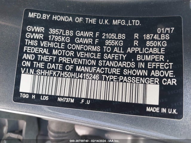 Honda CIVIC EX 2017 SHHFK7H50HU415246 Image 9