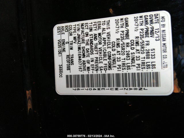 Nissan Murano Le 2014 JN8AZ1MU1EW407167 Image 9