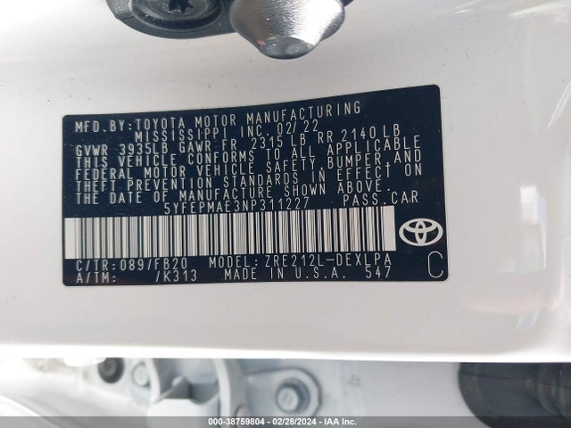 Toyota COROLLA LE 2022 5YFEPMAE3NP311227 Image 9
