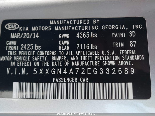 KIA OPTIMA EX 2014 5XXGN4A72EG332689 Image 9