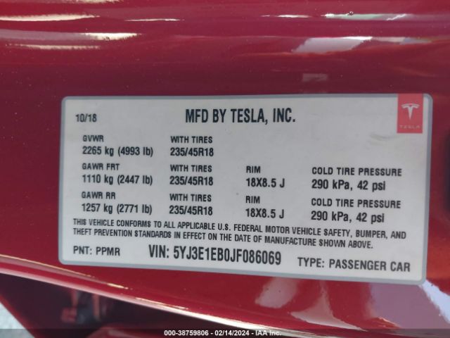 5YJ3E1EB0JF086069 Tesla Model 3 Long Range/performance