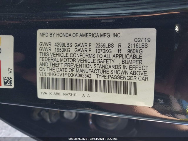 Honda ACCORD LX 2019 1HGCV1F1XKA062542 Image 9