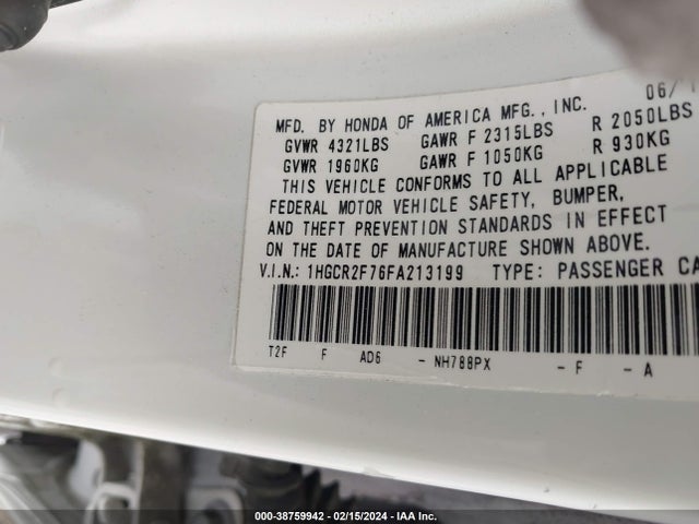 Honda ACCORD EX 2015 1HGCR2F76FA213199 Image 9