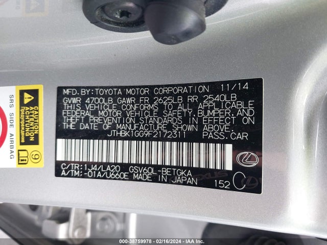 JTHBK1GG9F2172311 Lexus ES 350