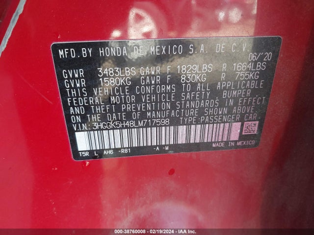 Honda FIT LX 2020 3HGGK5H48LM717598 Image 9
