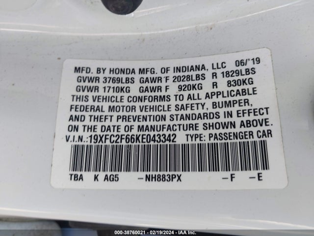 Honda Civic Lx 2019 19XFC2F66KE043342 Image 9
