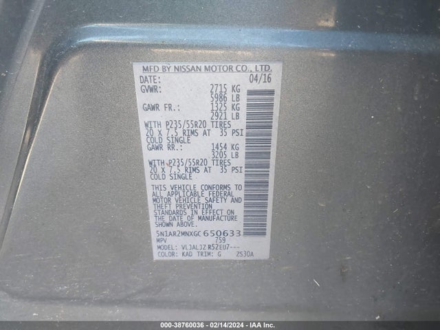 Nissan Pathfinder Platinum 2016 5N1AR2MNXGC650633 Image 9