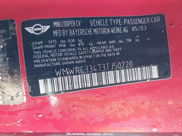 2003 MINI COOPER WMWRC33473TJ50220 Photo 8