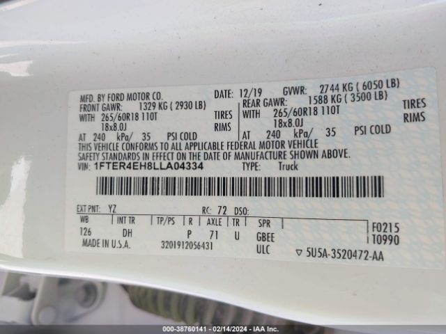 1FTER4EH8LLA04334 Ford Ranger Lariat