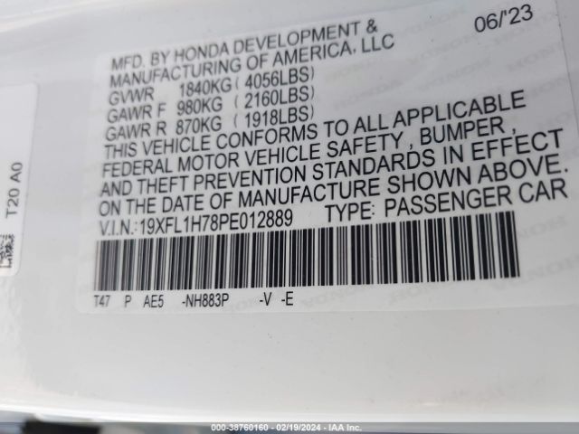 19XFL1H78PE012889 Honda Civic Ex-l /ex-l W/o Bsi