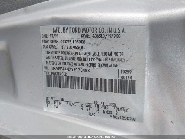 2000 FORD MUSTANG VIN: 1FAFP4447YF173488