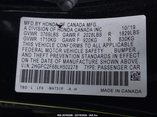 Honda Civic Lx 2020 2HGFC2F68LH502278 Image 9