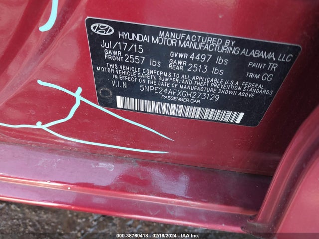 Hyundai SONATA SE 2016 5NPE24AFXGH273129 Image 9