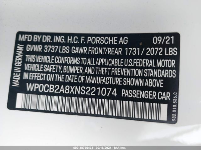 2022 PORSCHE 718 BOXSTER WP0CB2A8XNS221074 Photo 8