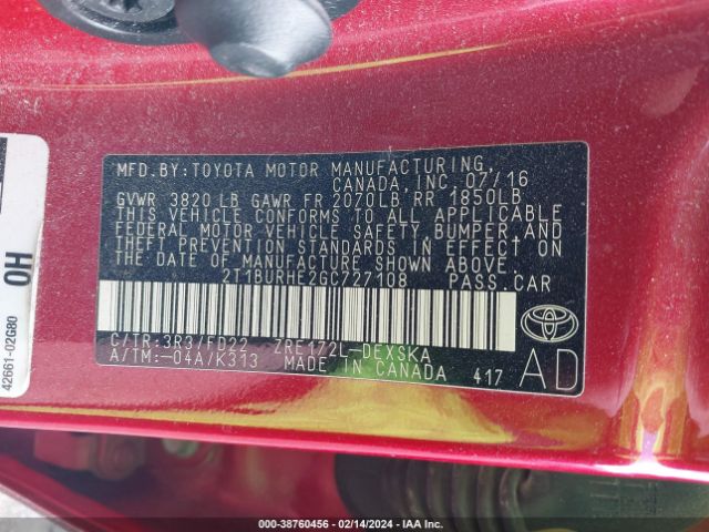2T1BURHE2GC727108 Toyota Corolla S Plus