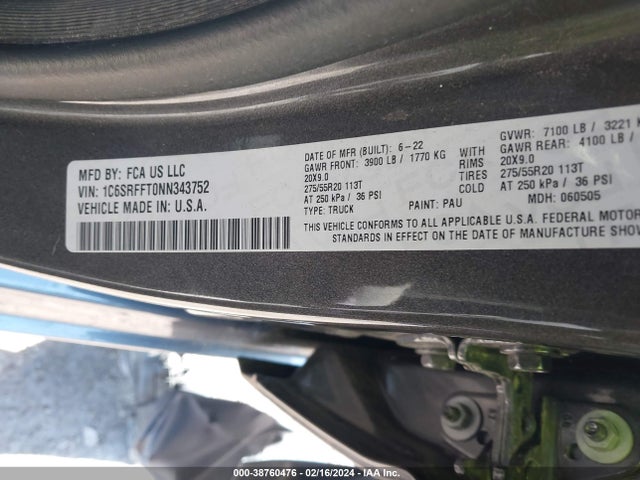 RAM 1500 Big Horn  4x4 5'7 Box 2022 1C6SRFFT0NN343752 Image 9