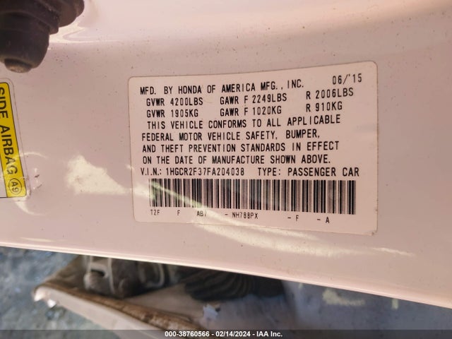 Honda ACCORD LX 2015 1HGCR2F37FA204038 Image 9