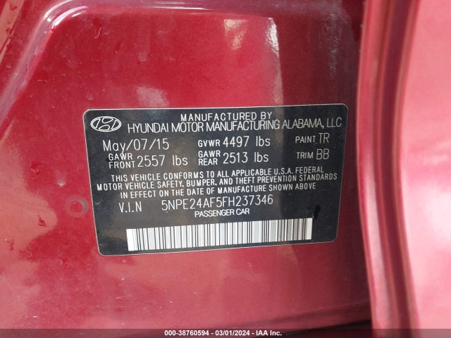 Hyundai SONATA SE 2015 5NPE24AF5FH237346 Image 9