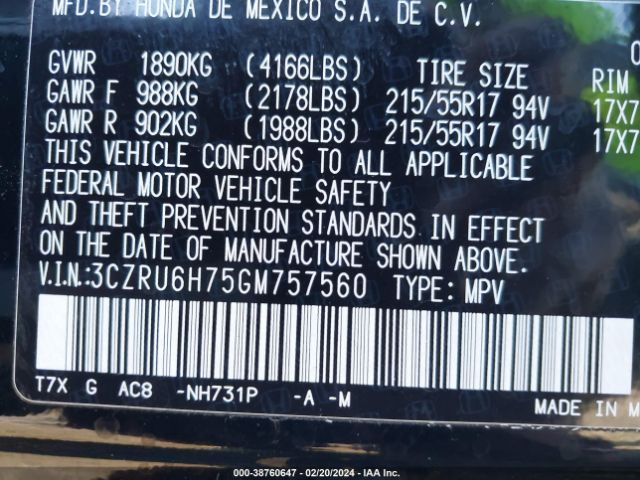 3CZRU6H75GM757560 Honda Hr-v Ex-l