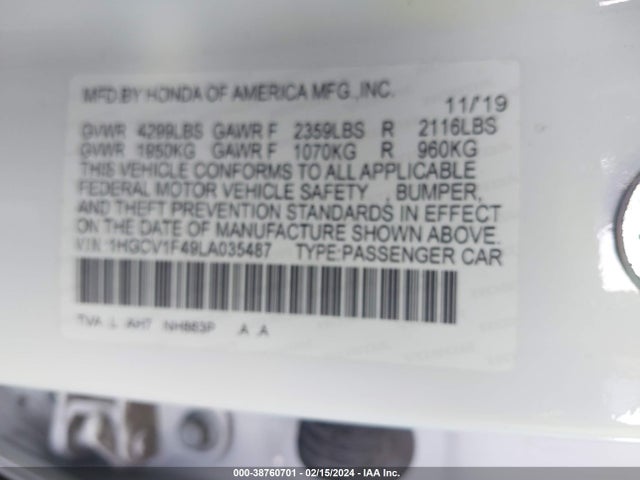 Honda ACCORD EX 2020 1HGCV1F49LA035487 Image 9