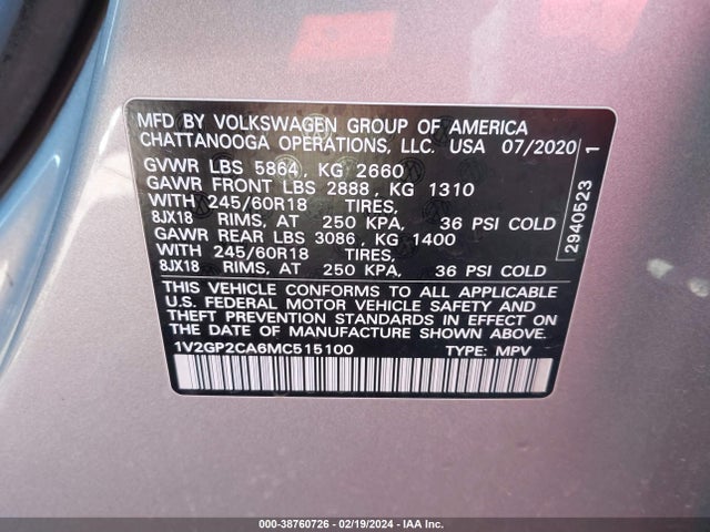 1V2GP2CA6MC515100 Volkswagen Atlas 2.0t S