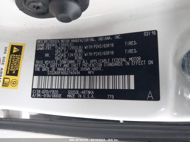 Toyota Highlander Le V6 2016 5TDZKRFH0GS140494 Image 9