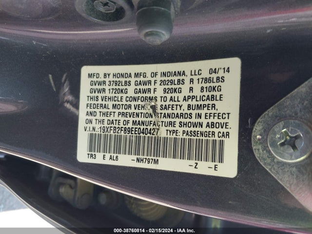 Honda CIVIC EX 2014 19XFB2F89EE040427 Image 9