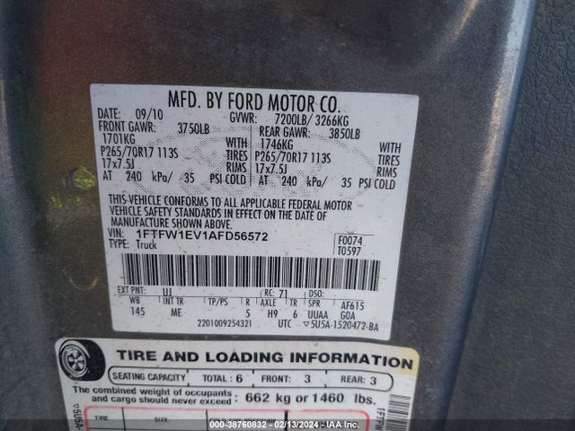 2010 FORD F-150 FX4/HARLEY-DAVIDSON/KING RANCH/LARIAT/PLATINUM/XL/XLT VIN: 1FTFW1EV1AFD56572