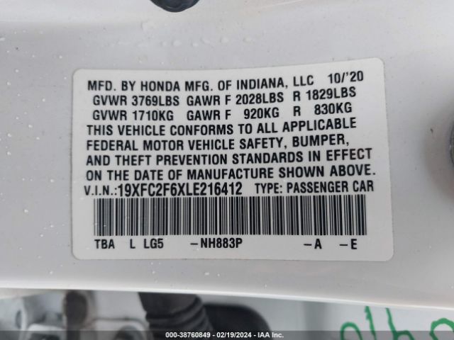 19XFC2F6XLE216412 Honda Civic Lx