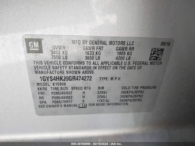 1GYS4HKJ9GR474272 Cadillac Escalade Esv Luxury Collection