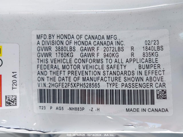 Honda Civic Sport 2023 2HGFE2F5XPH528565 Image 9