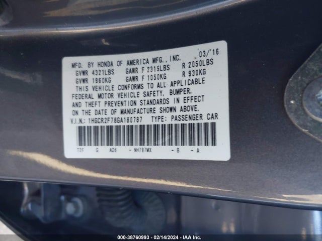 Honda ACCORD EX 2016 1HGCR2F78GA180787 Image 9