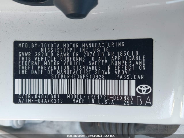 Toyota COROLLA LE 2016 5YFBURHE3GP540928 Image 9