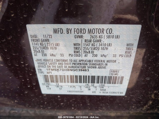 Ford EXPLORER XLT 2022 1FMSK7DH8NGC39463 Image 9
