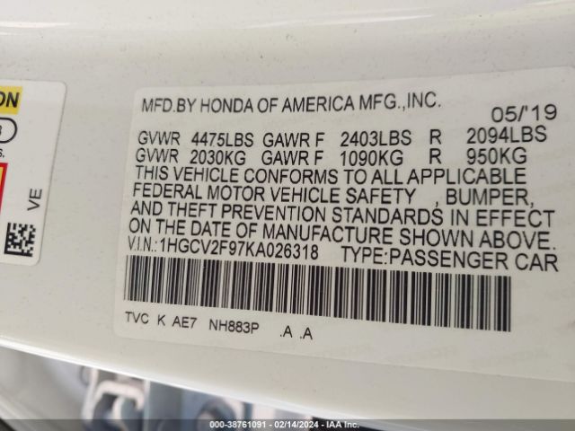 1HGCV2F97KA026318 Honda Accord Touring 2.0t