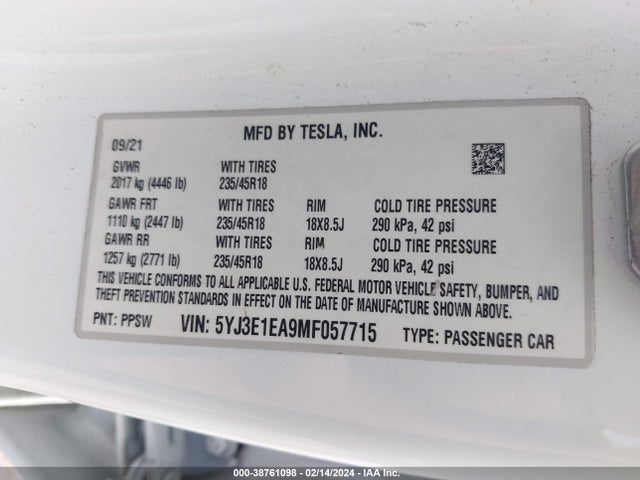 5YJ3E1EA9MF057715 Tesla Model 3 Standard Range Plus Rear-wheel Drive