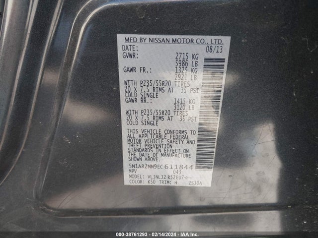 Nissan Pathfinder Platinum 2014 5N1AR2MM9EC611844 Image 9