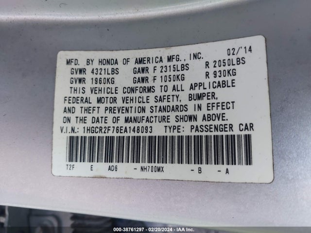 Honda ACCORD EX 2014 1HGCR2F76EA148093 Image 9