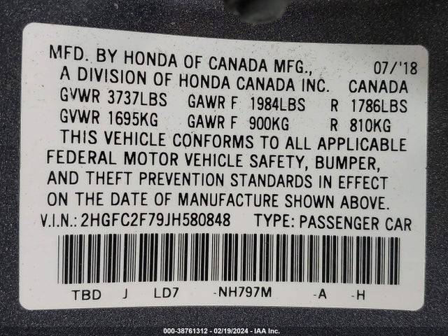 Honda CIVIC EX 2018 2HGFC2F79JH580848 Image 9