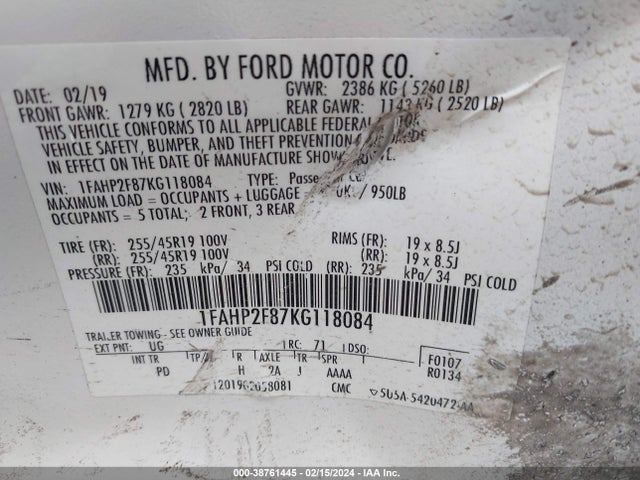 Ford Taurus Limited 2019 1FAHP2F87KG118084 Image 9
